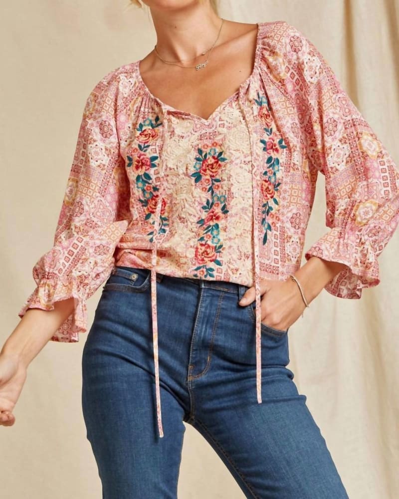 Front of a model wearing a size 1XL Aztec Three Quarter Sleeve Embroidered Blouse in Multi in Multi by Savanna Jane. | dia_product_style_image_id:332550